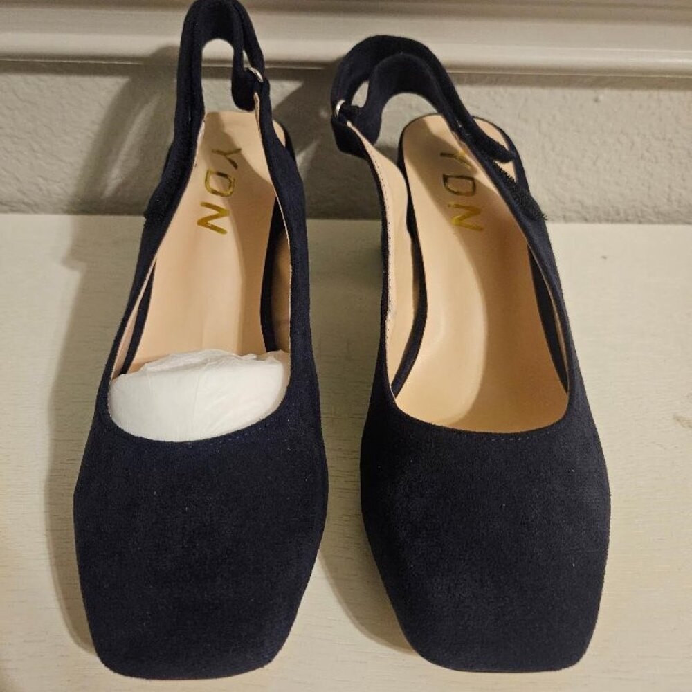 NIB Women's YDN Women Slingback Strappy Block Chunky Mid Heel, Navy Suede, 10M